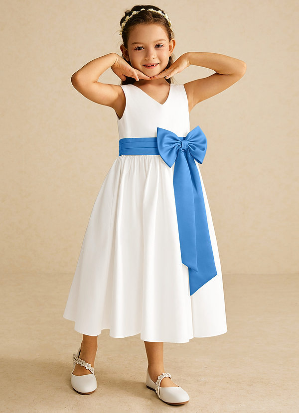 Azazie Darling Flower Girl Dresses Ivory Blue Jay A-Line Bow Cotton Dress image1