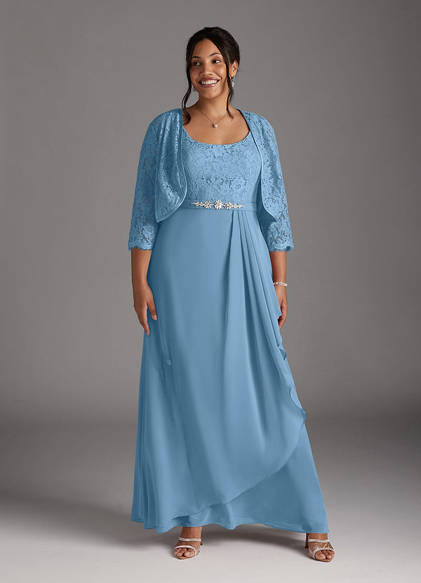 Azazie Ainsling Brautmutterkleider A-Linie Quadratischer Ausschnitt Spitze Chiffon Kleid Stahlblau image1