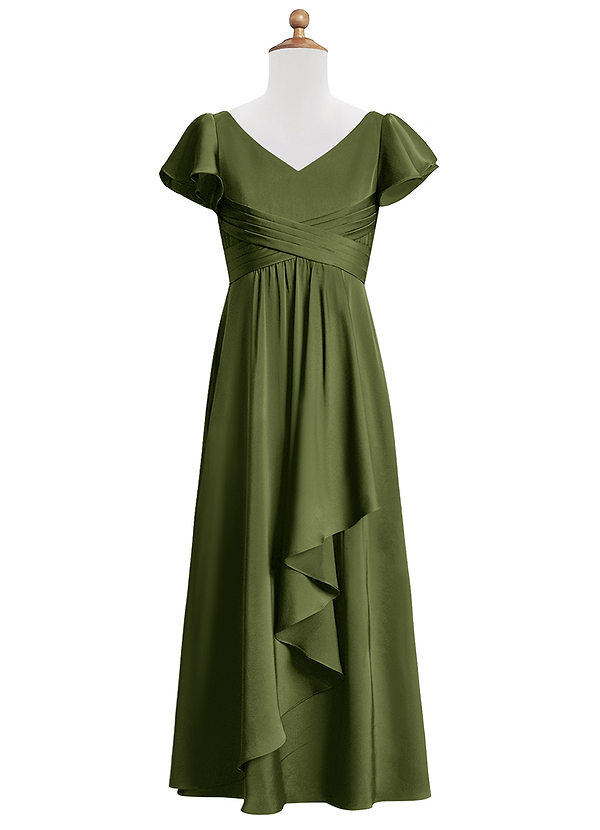 Azazie Omari Junior Olive A-Line Pleated Stretch Satin Dress image1