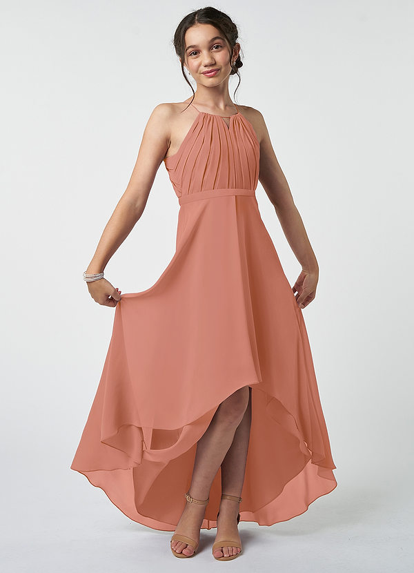 Azazie Oaklynn Junior Robe Trapèze en Mousseline de soie Plissée Mai Tai image1