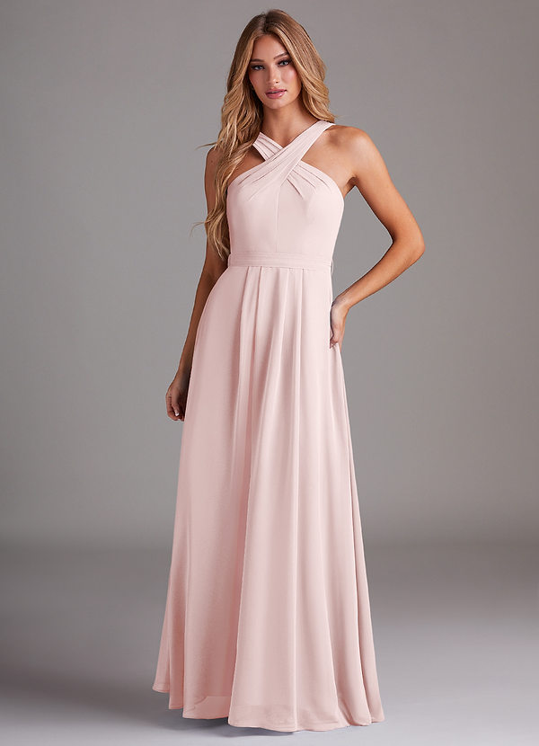Azazie Dixie Bridesmaid Dresses Blushing Pink A-Line Halter Pleated Chiffon Dress image1