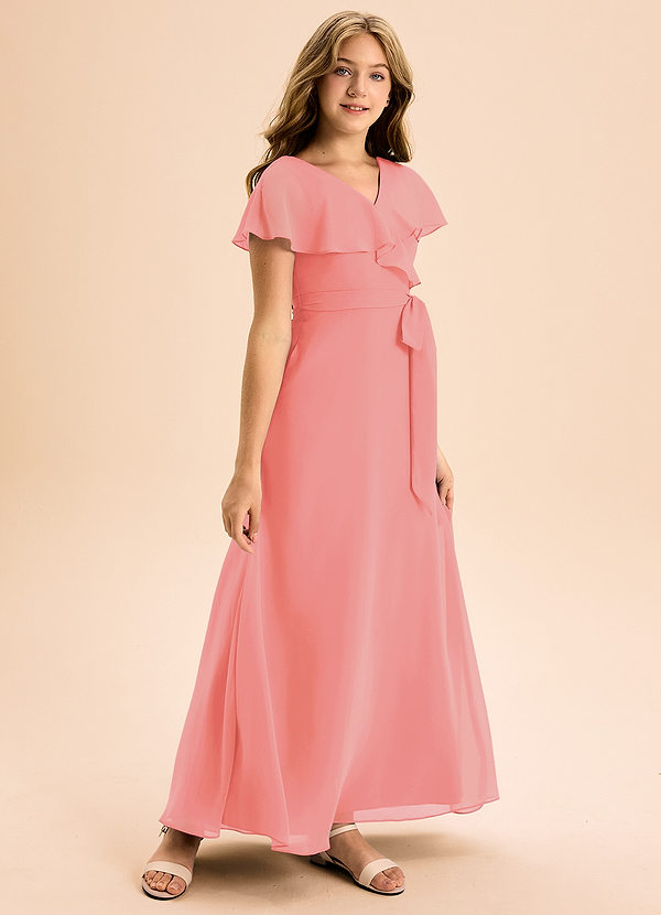 Azazie Lainey Junior Abito A-Line in Chiffon Con Tasche Corallo image1