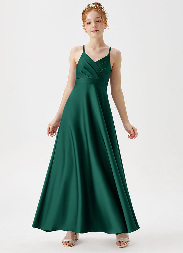 Azazie Avelina Junior Emerald A-Line Pleated Stretch Satin Dress image1