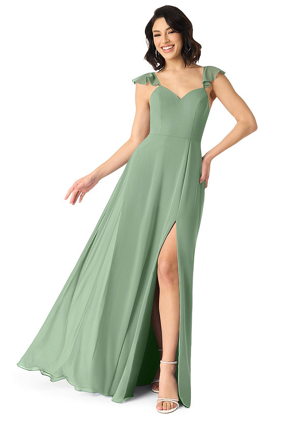 Azazie Everett Vestidos de damas de honor Vestido de Matcha de Gasa de Corte en A con Cuello en V fruncido image1