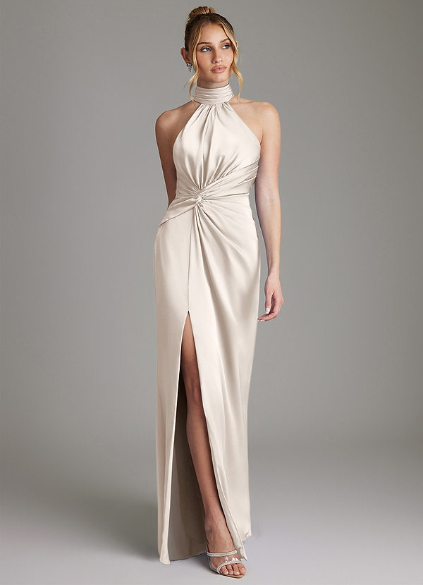 Azazie Gracelynn Vestidos de dama de honor Vestido Alabastro Blanco de Satén Elástico de Corte Recto con Plisado image1