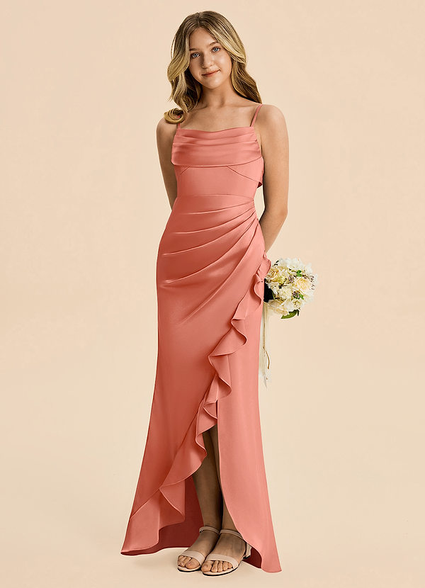 Mia Junior Salmon Pink Mermaid Pleated Stretch Satin Dress image1