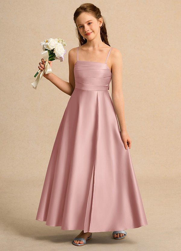 Azazie Pebbles Girls Formal Flower Girl Dresses Rose Gold A-Line Pleated Matte Satin Dress image1