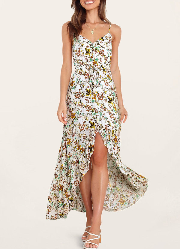 front Fountain White Floral Print Sleeveless High Low Dress