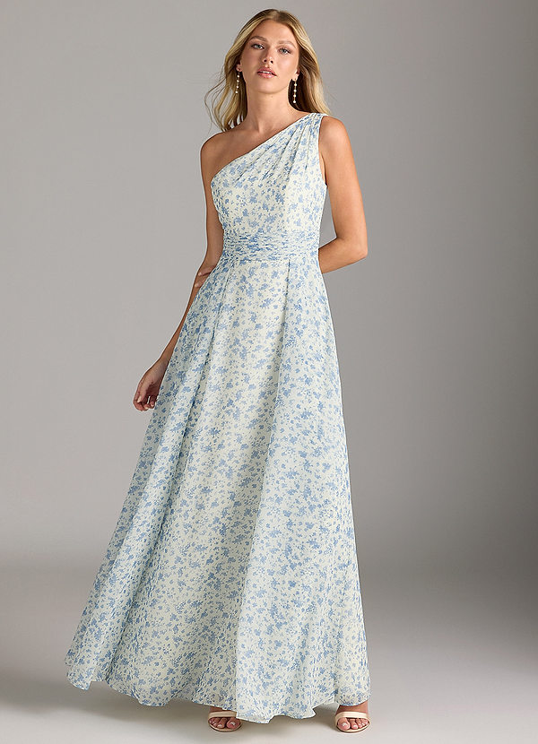 Azazie Dallas Bridesmaid Dresses Blue And White Ditsy Floral A-Line One Shoulder Chiffon Dress image1