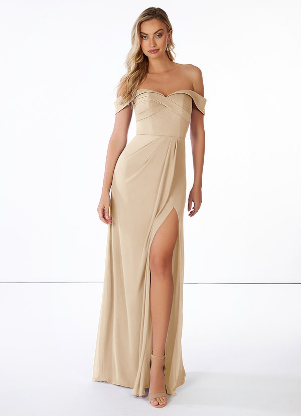 Azazie Mena Bridesmaid Dresses A-Line Off the Shoulder Mesh Floor-Length Dress image1