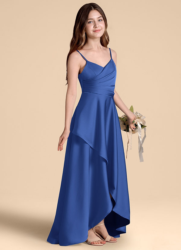 Azazie Prisha Junior Royal Blue A-Line Pleated Stretch Satin Dress image1