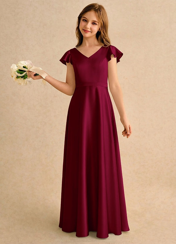 Azazie Nari Girls Formal Blomsterpigekjoler A-Line med ærmer Stræk satin Gulv-længde Kjole image1