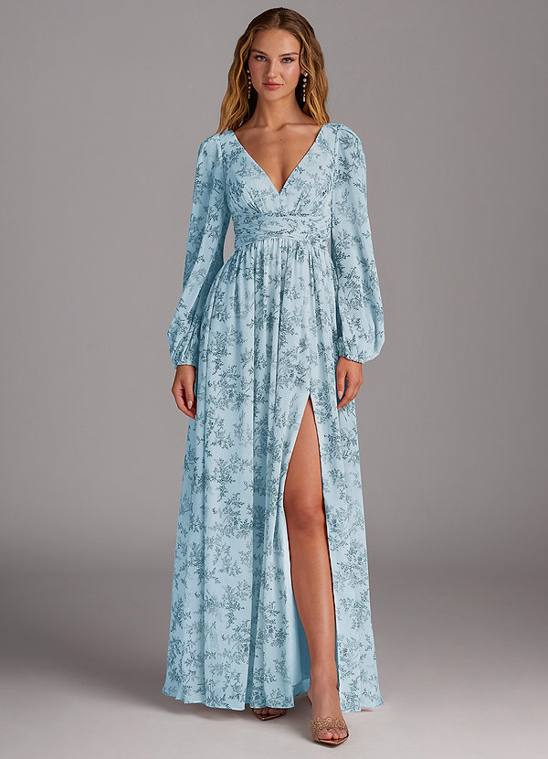 Azazie Norah Bridesmaid Dresses Blue Fern Floral A-Line V-Neck Long Sleeve Chiffon Dress image1