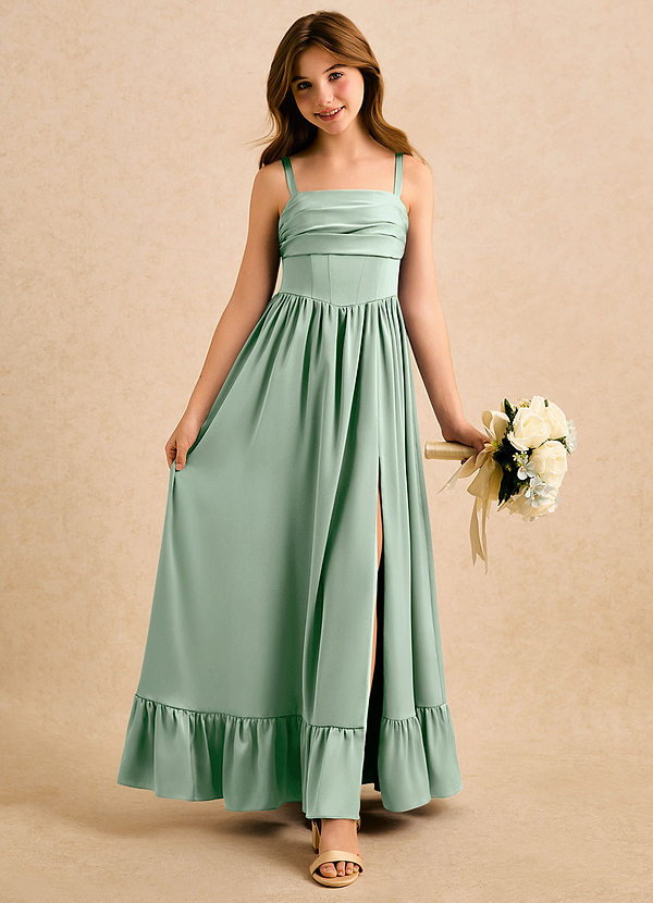 Azazie Maisie Girls Formal Sukienki dla dziewczynek sypiących kwiaty Linia A Marszczony Satyna elastyczna Długość podłogi Sukienka image1