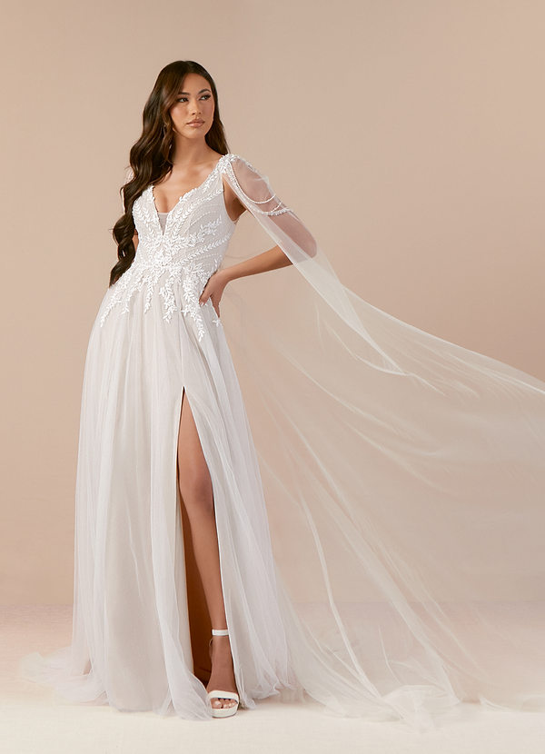 Azazie Goddess Wedding Dresses Diamond White Sand A-Line V-Neck Sequins Tulle Dress image1