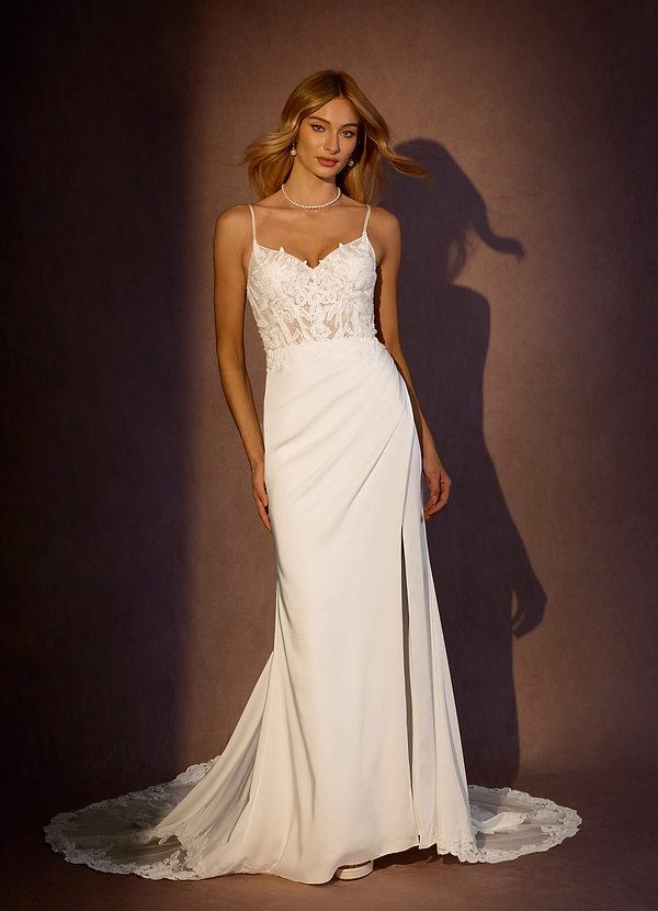 Azazie Rosalina Wedding Dresses Diamond White Sand Mermaid V-Neck lace Crepe Back Satin Dress image1
