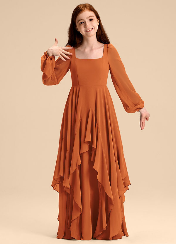 Azazie Clara Junior Cinnamon A-Line Blouson Chiffon Dress image1