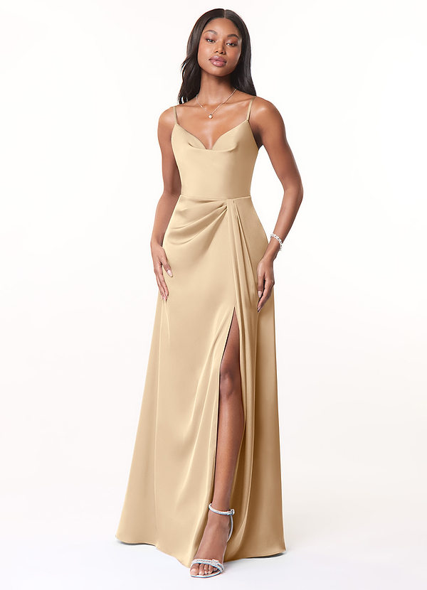 Azazie Brielle Brautjungfernkleider A-Linie Cowl-Spaghettiträger Stretch-Satin Kleid Champagner image1