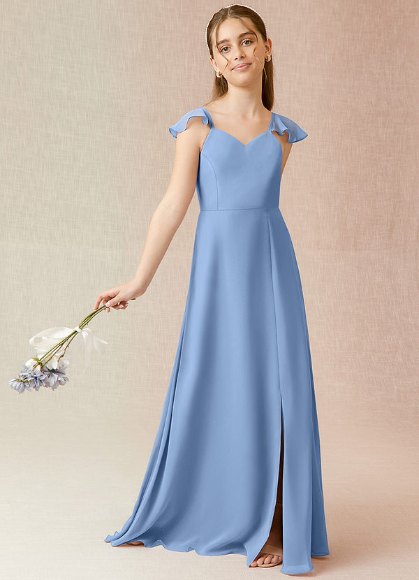 Azazie Everett Junior Abito A-Line in Chiffon Blu Acciaio image1