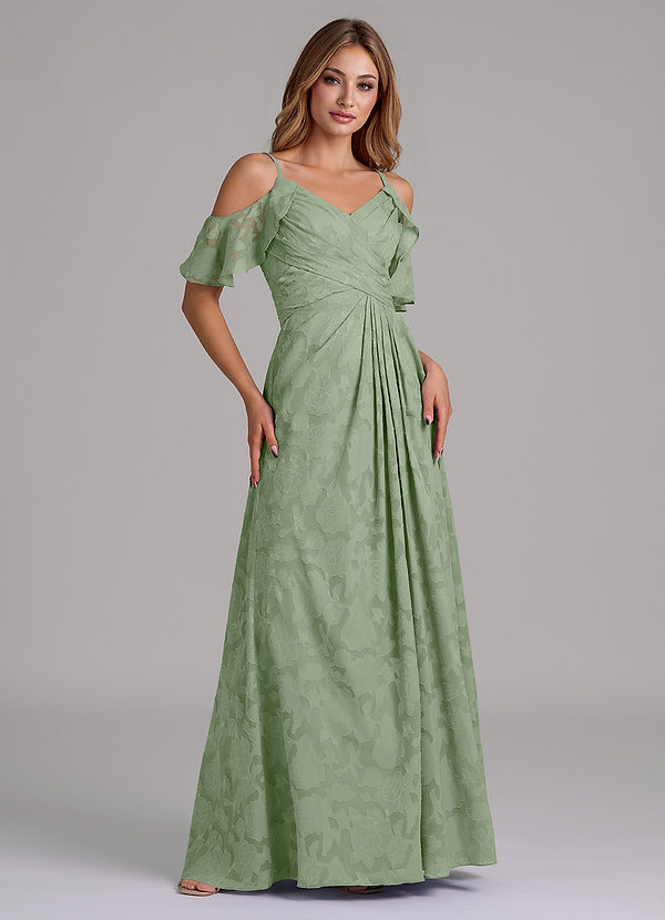Azazie Dakota Bridesmaid Dresses Dusty Sage A-Line Off the Shoulder Floral Burnout Dress image1