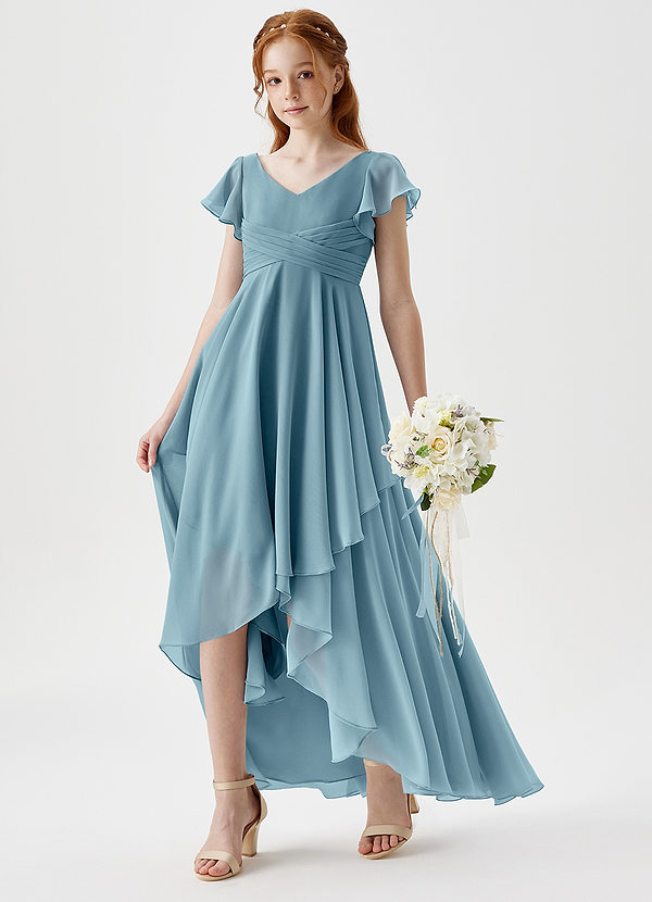 Azazie Caria Junior Robe Trapèze en Mousseline de soie Plissée Bleu Maussade image1