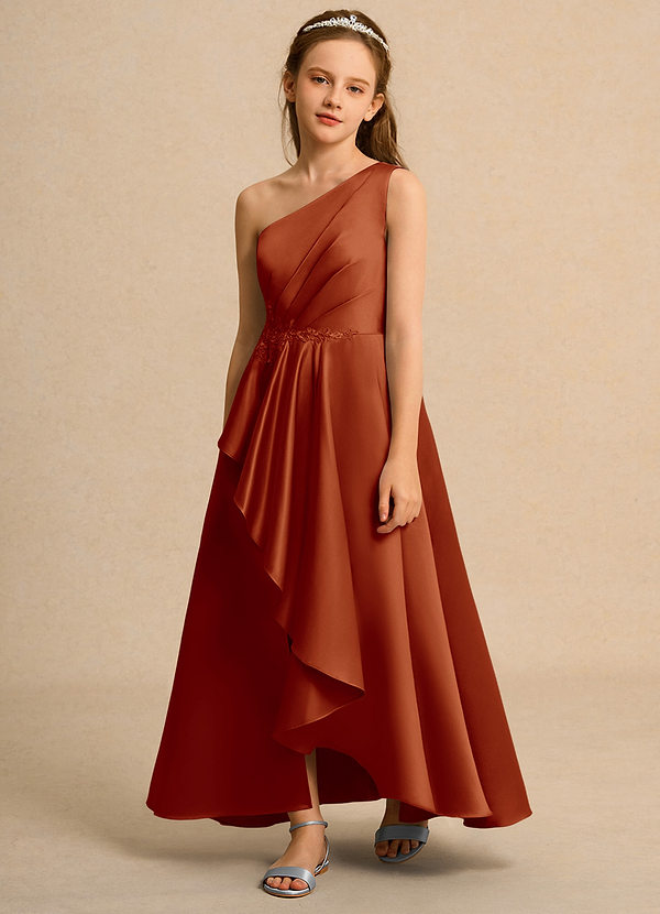 Azazie Taffy Junior Formal Bloemenmeisjes Jurken A-Lijn Jurk van Mat Satijn Kant Paprika image1