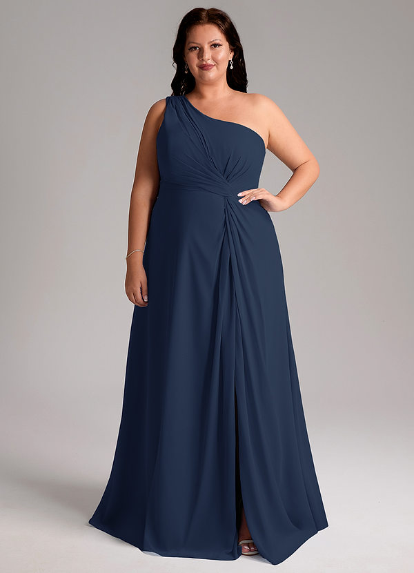 Azazie Brooke Robes Demoiselle d'honneur Robe Trapèze en Mousseline de soie Ue épaule Bleu Marine Foncé image1