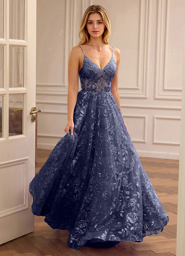 Juliette Marineblau A-Linien-Abendkleid mit V-Ausschnitt, Paillettenstickerei und Blumenmuster image1