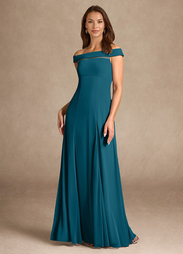 Azazie Ewa Mother of the Brides Dresses Ink Blue A-Line Off the Shoulder Mesh Dress image1