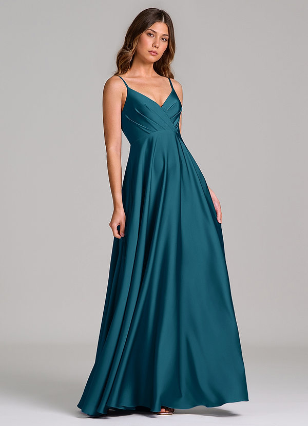Azazie Amani Brautjungfernkleider Eine Linie Plissee Stretch-Satin Kleid Tintenblau image1