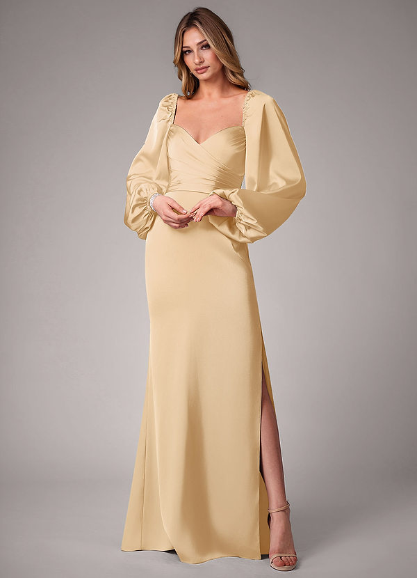 Azazie Sonata Bridesmaid Dresses Gold Sheath Long Sleeve Stretch Satin Convertible Dress image1