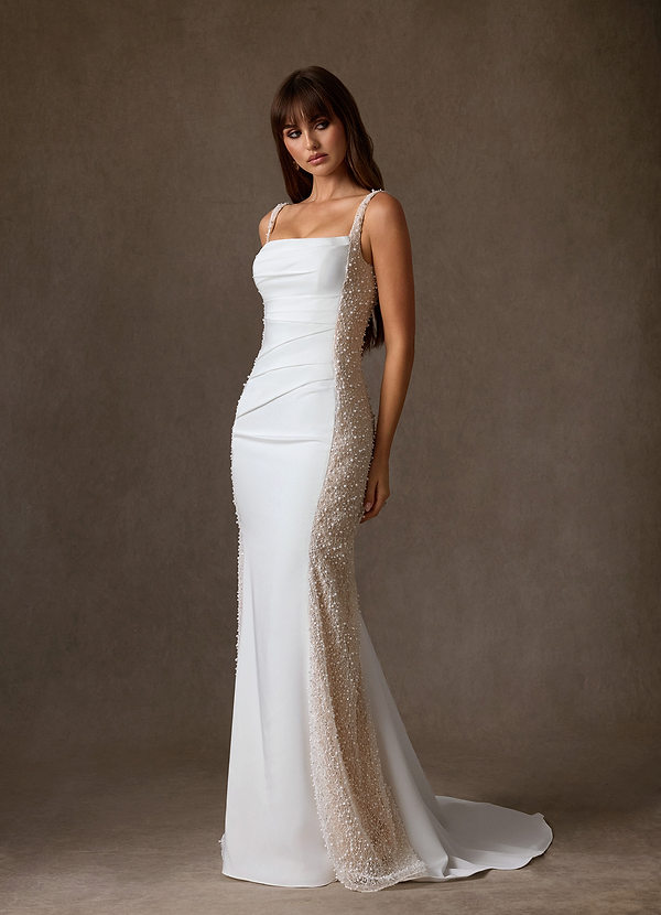 Azazie Shauna Wedding Dresses Diamond White Nude Sheath Square Neckline Crepe Back Satin Dress image1