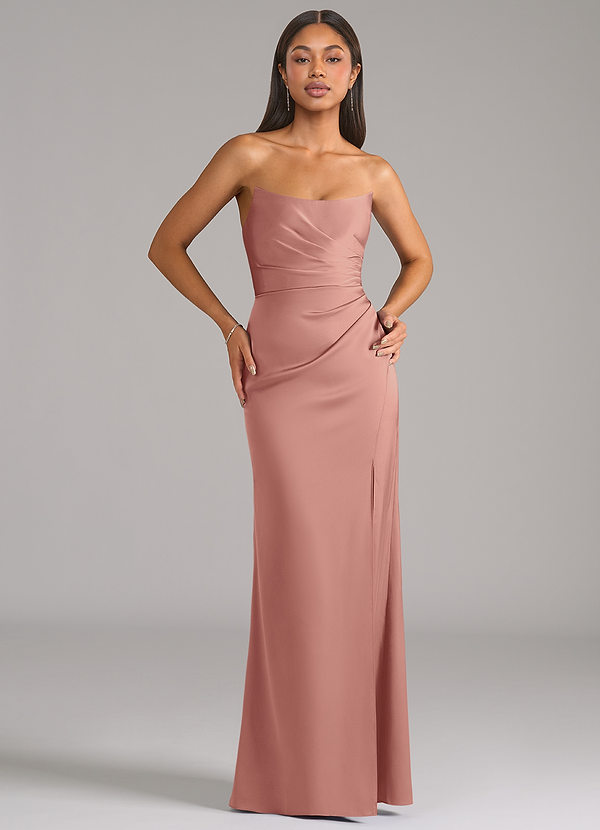 Azazie Marla Bruidsmeisjes Jurken Converteerbaar Jurk van Stretch Satijn met Kolom Strapless Rozet image1