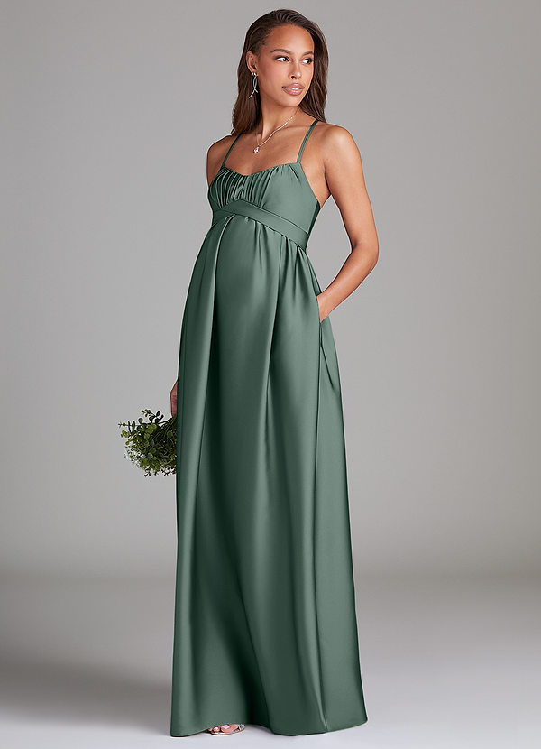 Azazie Llana Maternity Bridesmaid Dresses A-Line Stretch Satin Floor-Length Dress with Pockets image1