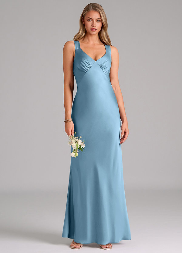 Azazie Kamila Bridesmaid Dresses Steel Blue A-Line Pleated Stretch Satin Dress image1