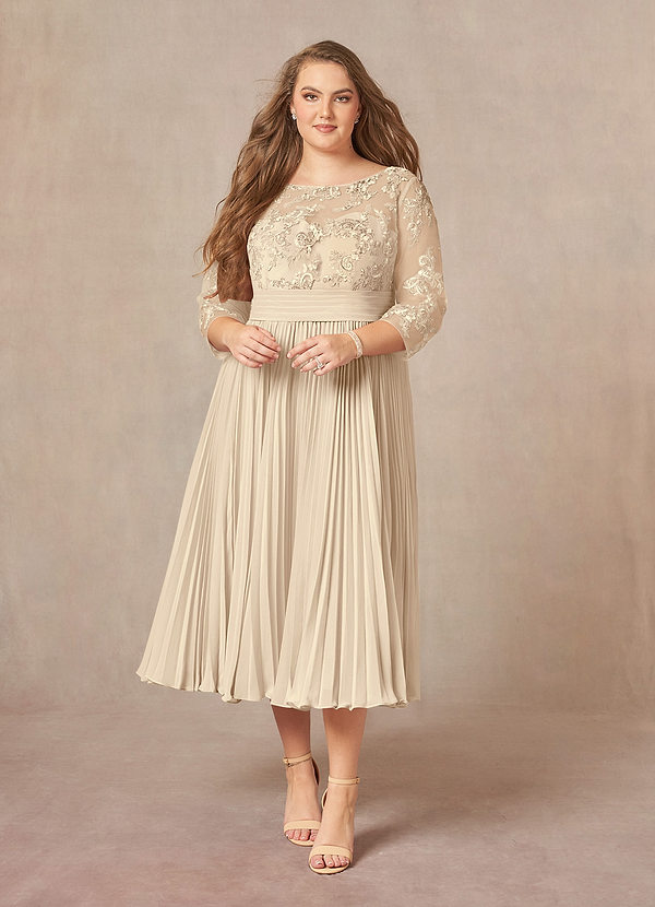 Azazie Tutu Mother of the Brides Dresses Champagne A-Line Boatneck Lace Chiffon Dress image1