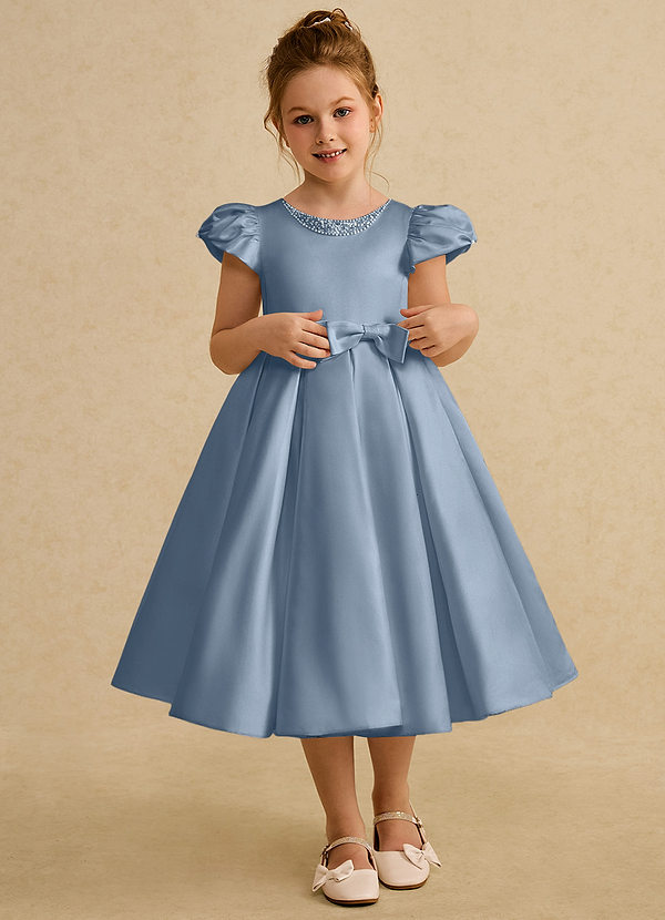 Azazie Pearl Flower Girl Dresses Dusty Blue Ball-Gown Pleated Matte Satin Dress image1