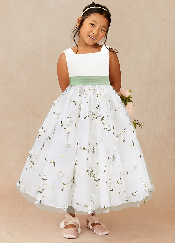 Azazie Pollie Flower Girl Dresses Ivory Dusty Sage A-Line Bow Tulle Dress image1