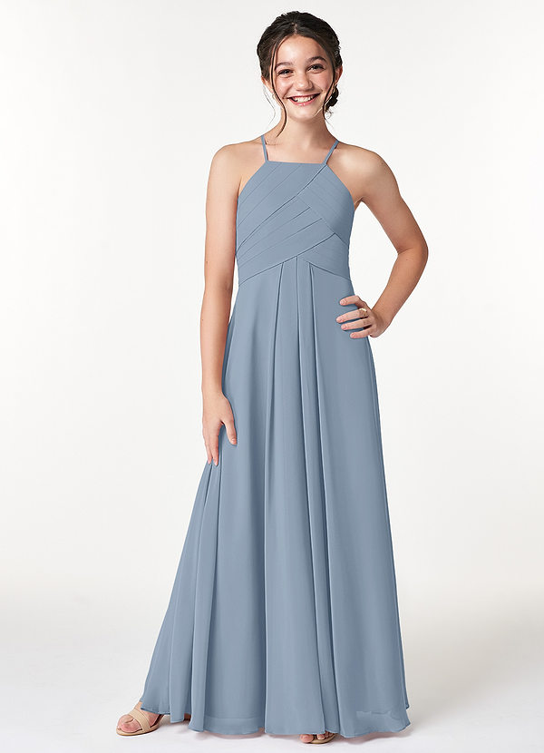 Azazie Ginger Junior Dusty Blue A-Line Pleated Chiffon Dress image1