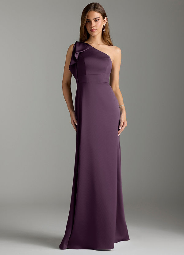 Azazie Rinna Bridesmaid Dresses Plum Mermaid Ruched Stretch Satin Dress image1
