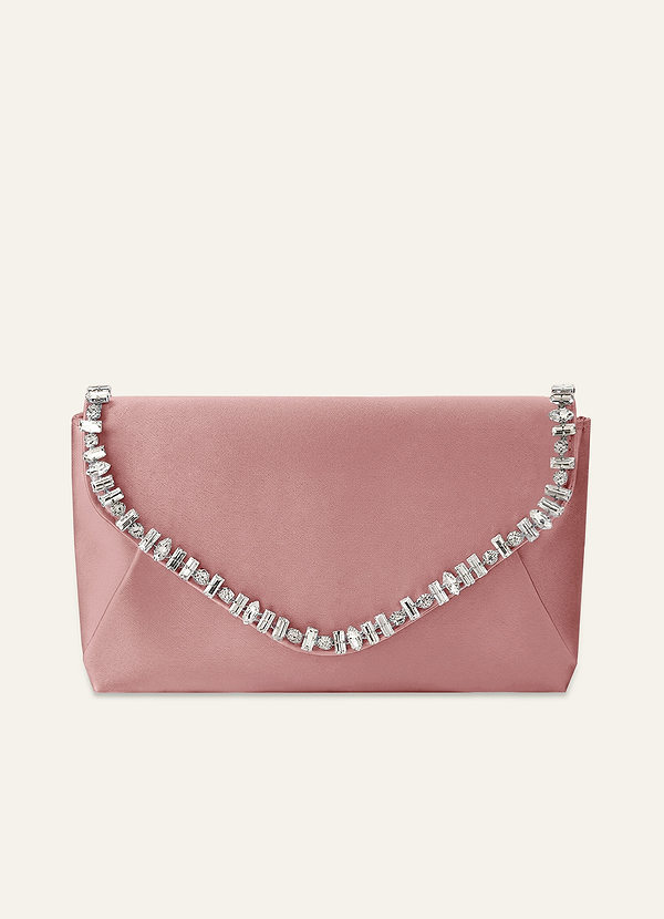 front Matching Color Crystal Trim Satin Evening Clutch Bag with Chain Strap