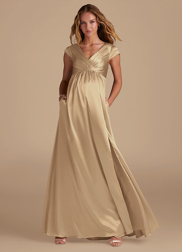Azazie Allessia Maternity Bridesmaid Dresses A-Line Metallic Satin Floor-Length Dress image1
