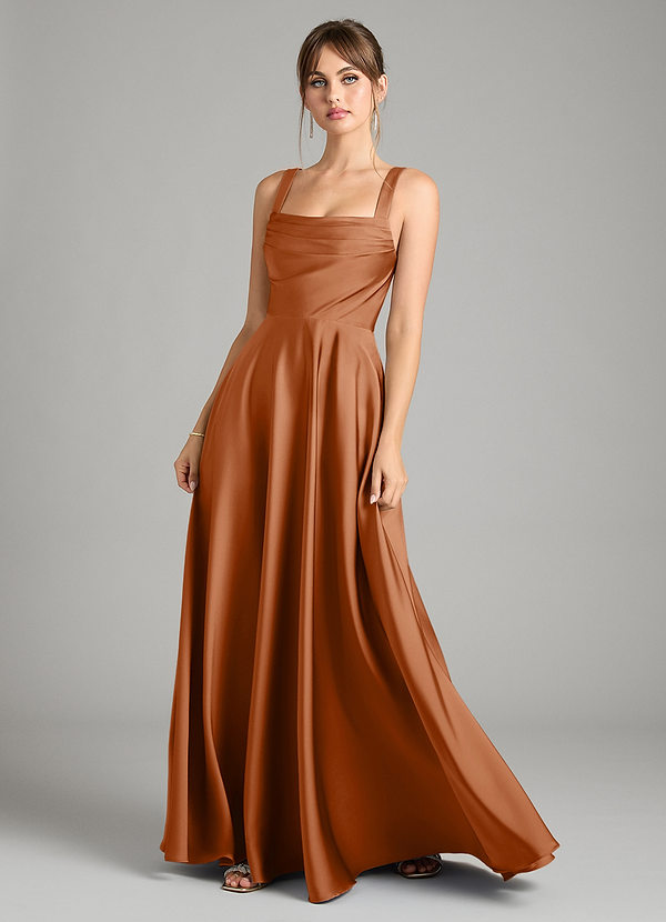 Azazie Shaude Bridesmaid Dresses Copper A-Line Pleated Stretch Satin Dress image1
