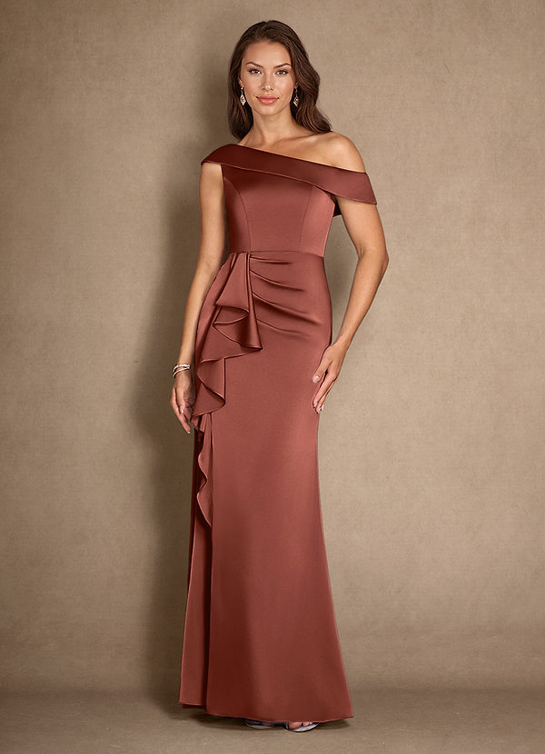 Azazie Hamptons Mother of the Brides Dresses Auburn A-Line Pleated Stretch Satin Dress image1