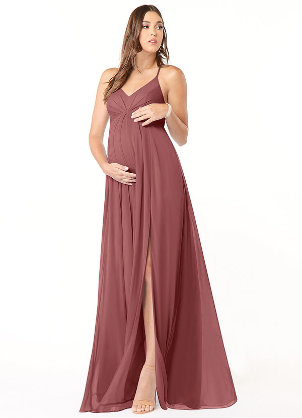 Azazie Annabelle Vestidos de dama de honor de maternidad Vestido de Corte En A Cuello en V plisado Hasta el suelo Malla image1