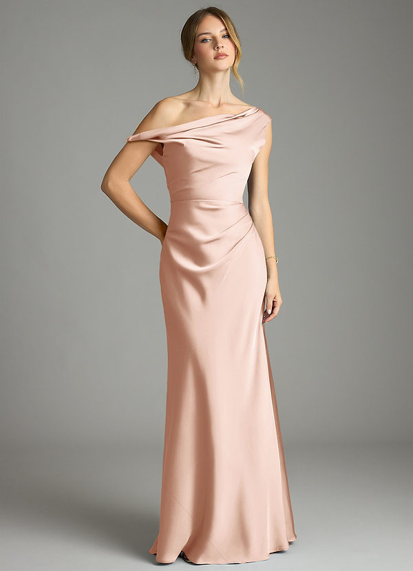 Azazie Emerson Robes de demoiselle d'honneur Robe Sirène en Satin extensible Épaules dénudées Or Rose image1