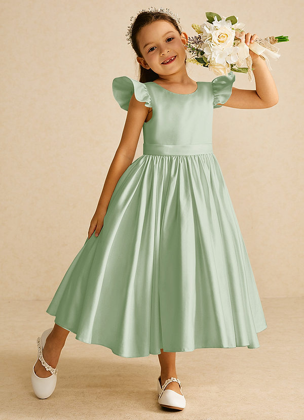 Azazie Violeta Flower Girl Dresses Dusty Sage Ball-Gown Bow Matte Satin Dress image1