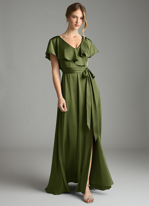 Azazie Lainey Bridesmaid Dresses Olive A-Line with Pockets Stretch Satin Dress image1