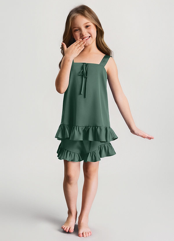front Eukalyptus Flickor Pyjamas Set med Volangtopp och Shorts i Satin
