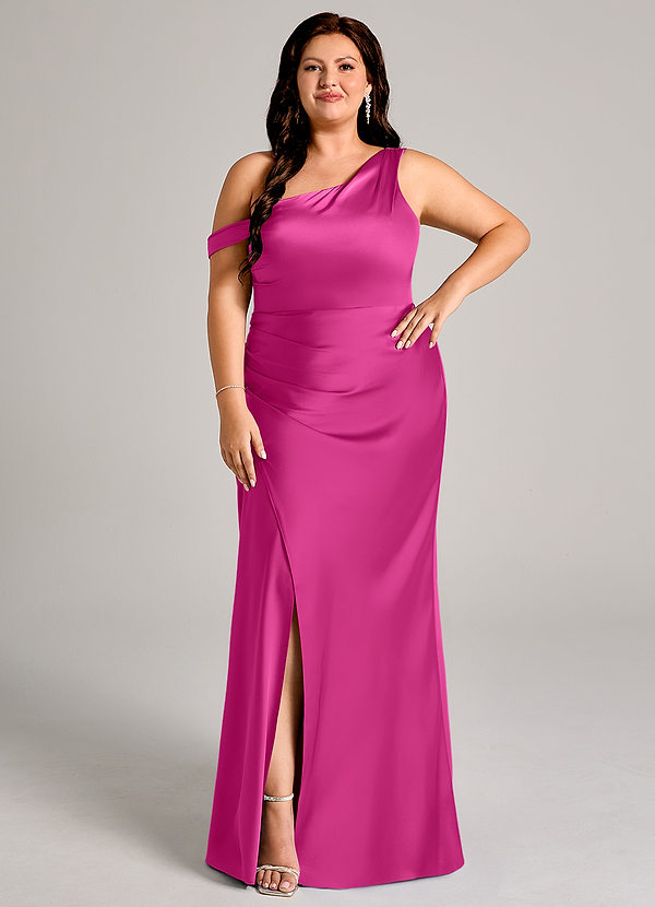 Azazie Madelyn Vestidos Dama de Honor Vestido de Fucsia de Satén Elástico de Corte Sirena Convertible con Hombro unilateral image1